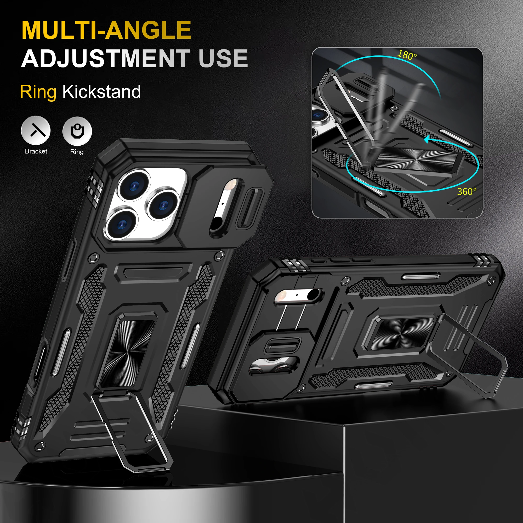 iPhone 17 16 15 14 13 12 11 Pro XS Max Plus XR 8 7 Plus SE 2025 링 스탠드 아머 낙하 방지 슬라이드 카메라 킥스탠드 커버용 케이스 - 이미지 3