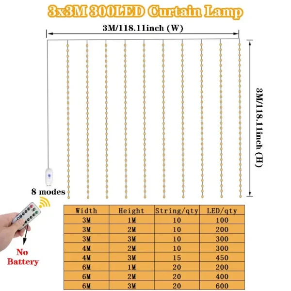 USB 3M x 2M 200개 LED 커튼 LED 스트링 조명 화환 USB 페스툰 리모컨 요정 화환 조명 크리스마스 장식 침실 홈 - 이미지 5