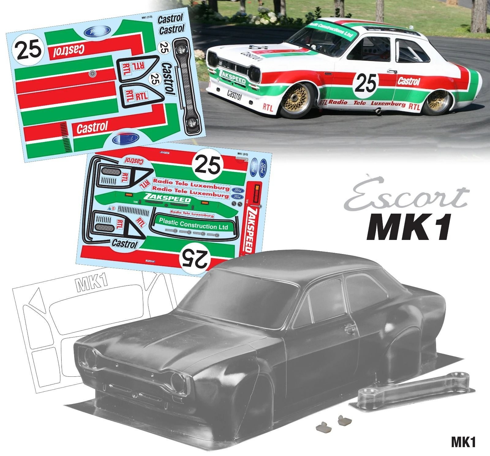 1/10 Escort MK1 RC PC 바디 셸 190mm 너비 1/10 hsp hpi trax Tamiya용 램프 셰이드 미러가 있는 투명 드리프트 바디 셸 - 이미지 2