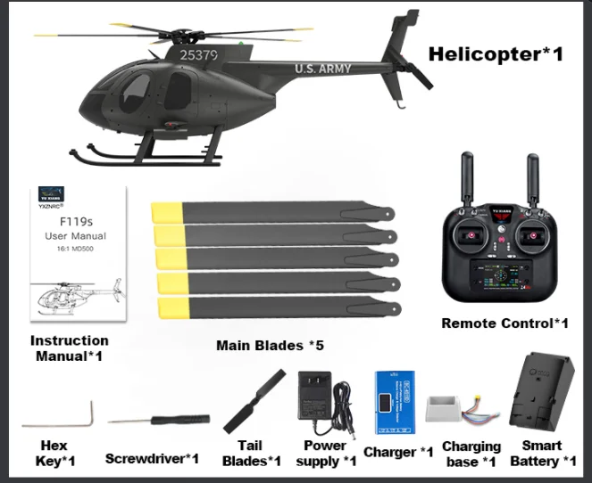 YU XIANG F119S MD500 MH-6 리틀 버드 GPS RC 헬리콥터 모델 RTF 1/16 스케일 250급 2.4G 9채널 6G/3D YXZNRC