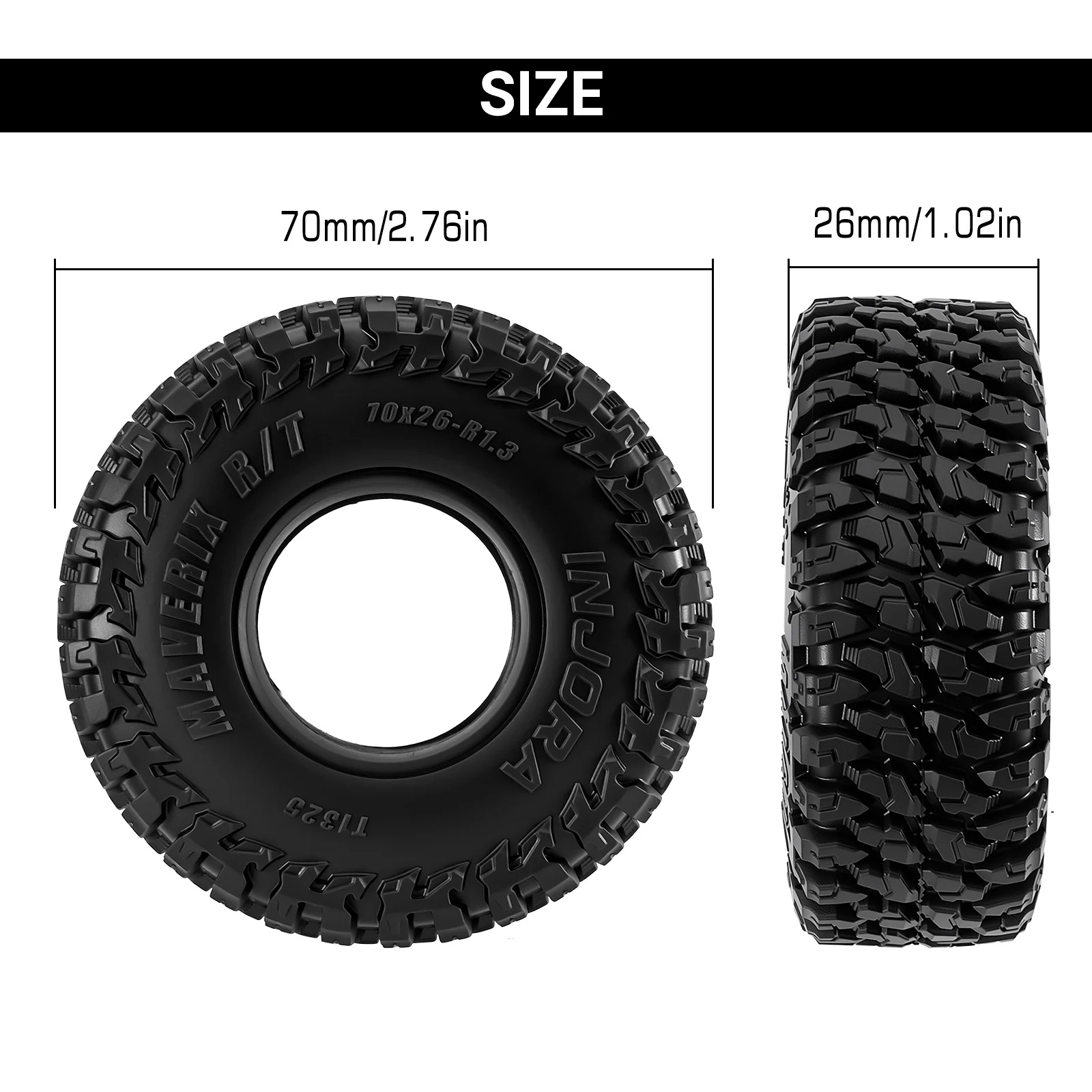 4PCS-T1325: 1/18 1/24 RC 크롤러용 INJORA 1.3인치 70*26mm MAVERIX R/T 타이어(T1325) - 이미지 2